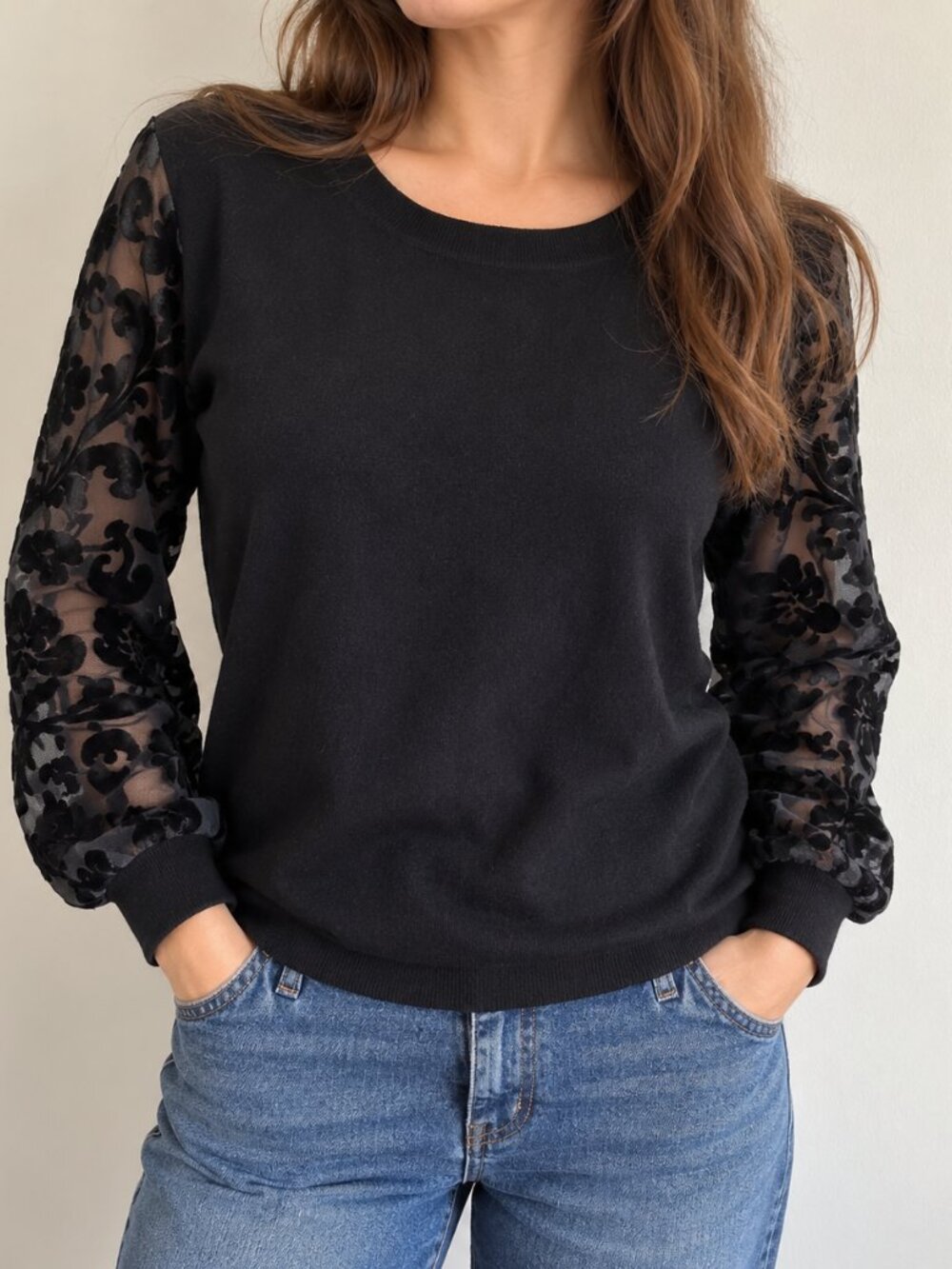 Black Velvet Burnout Sheer Sleeve Sweater XXL Floral Mesh Goth Feminine
